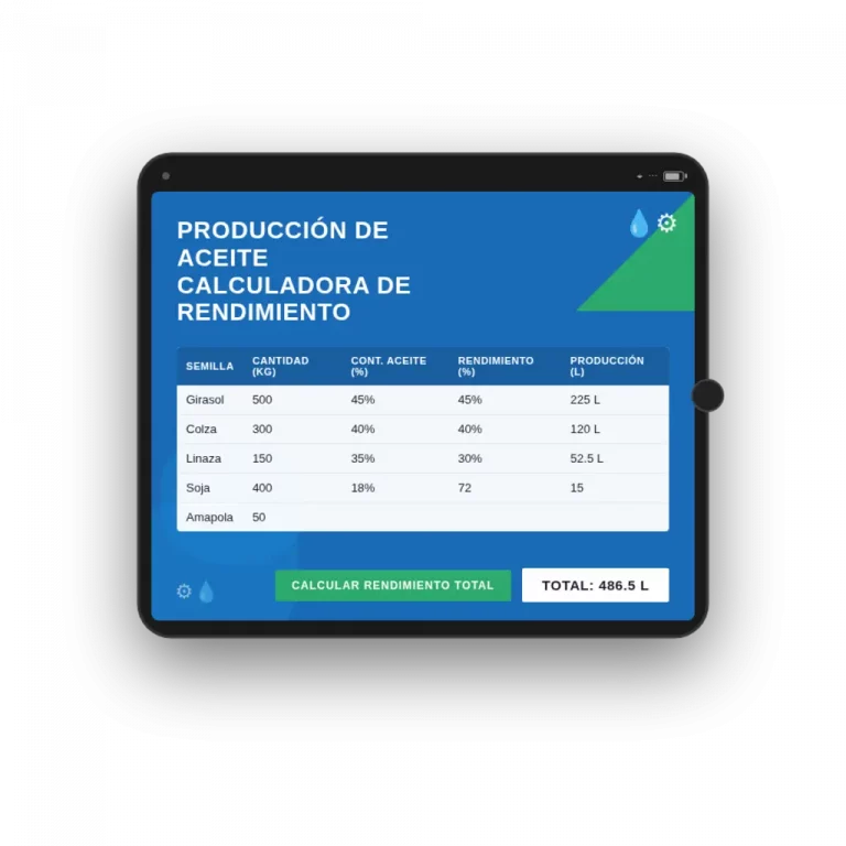 Calculadora de Rendimiento de Aceite – Programa de cálculo para girasol, colza y linaza | Kambas OleoPress